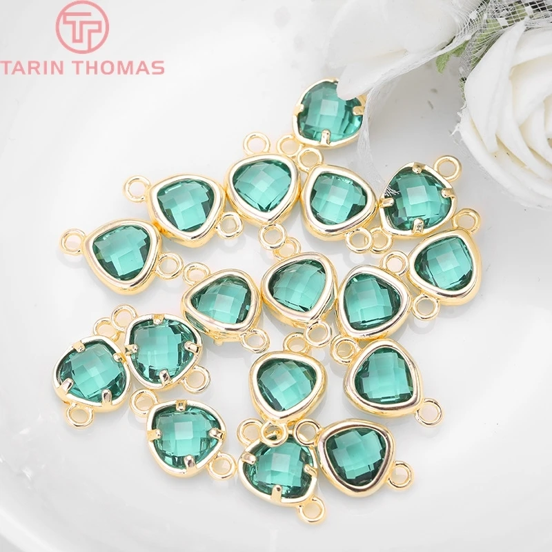 (413)4PCS 8x14MM 24K Gold Color Plated Brass with Heart Colourful Glass Beads 2 holes Connect Charms Accessories