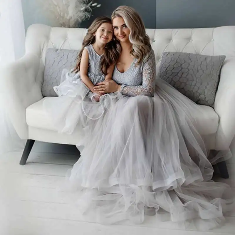 Mother And Daughter Gray Lace Tulle Summer Dress Floor Length Pretty Lace V-neck Full Sleeves Ruffles Mesh Prom Gowns