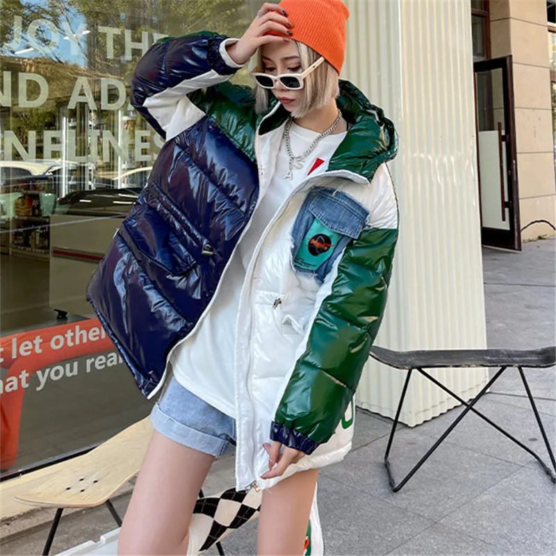 Winter Jacket Women 2021 New Streetwear Fashion Print Patchwork Down Jackets Loose Hooded Parkas Thick Warm Cotton Coat Female