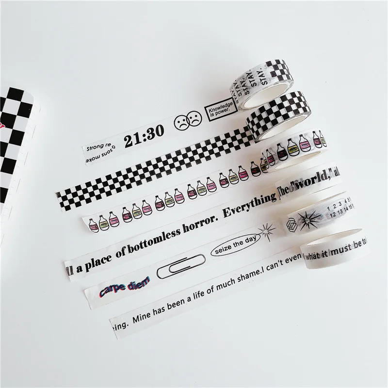 Korean Ins Black White English adhesive Washi Tape Simple Style Checkerboard Manual Stationery Decorative Tape Seal Sticker 5m