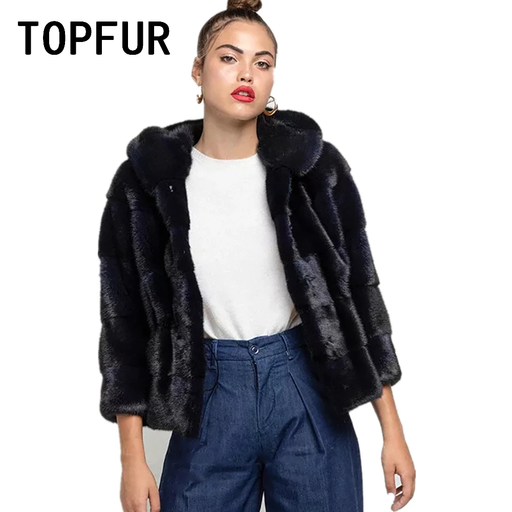 

TOPFUR Winter Coat Women Black Basic Coat With Hooded Natural Mink Fur Coat Genuine Leather Jacket Outwear Spring Real Fur Coats