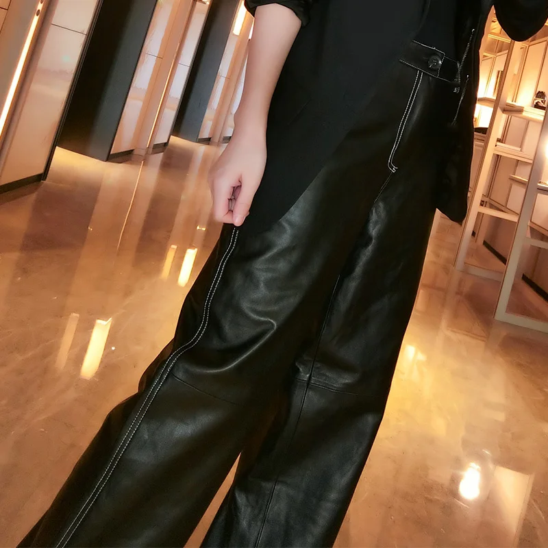 Women Fashion Sheepskin Trousers Elegant Casual Loose Genuine Leather Wide Leg Pants Luxury Party Office Lady Black Pants