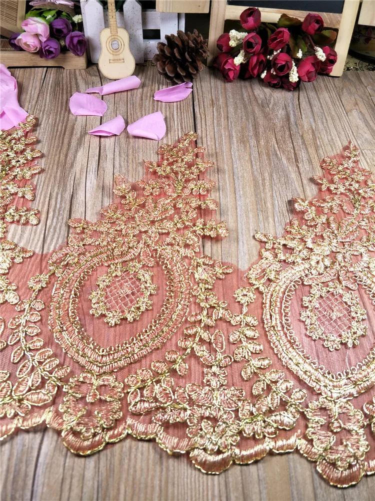 1Yard Hot Sale Red Mesh Lace Trim Luxury Embroidery Light Gold Lace Fabric for Wedding Dresses 27cm