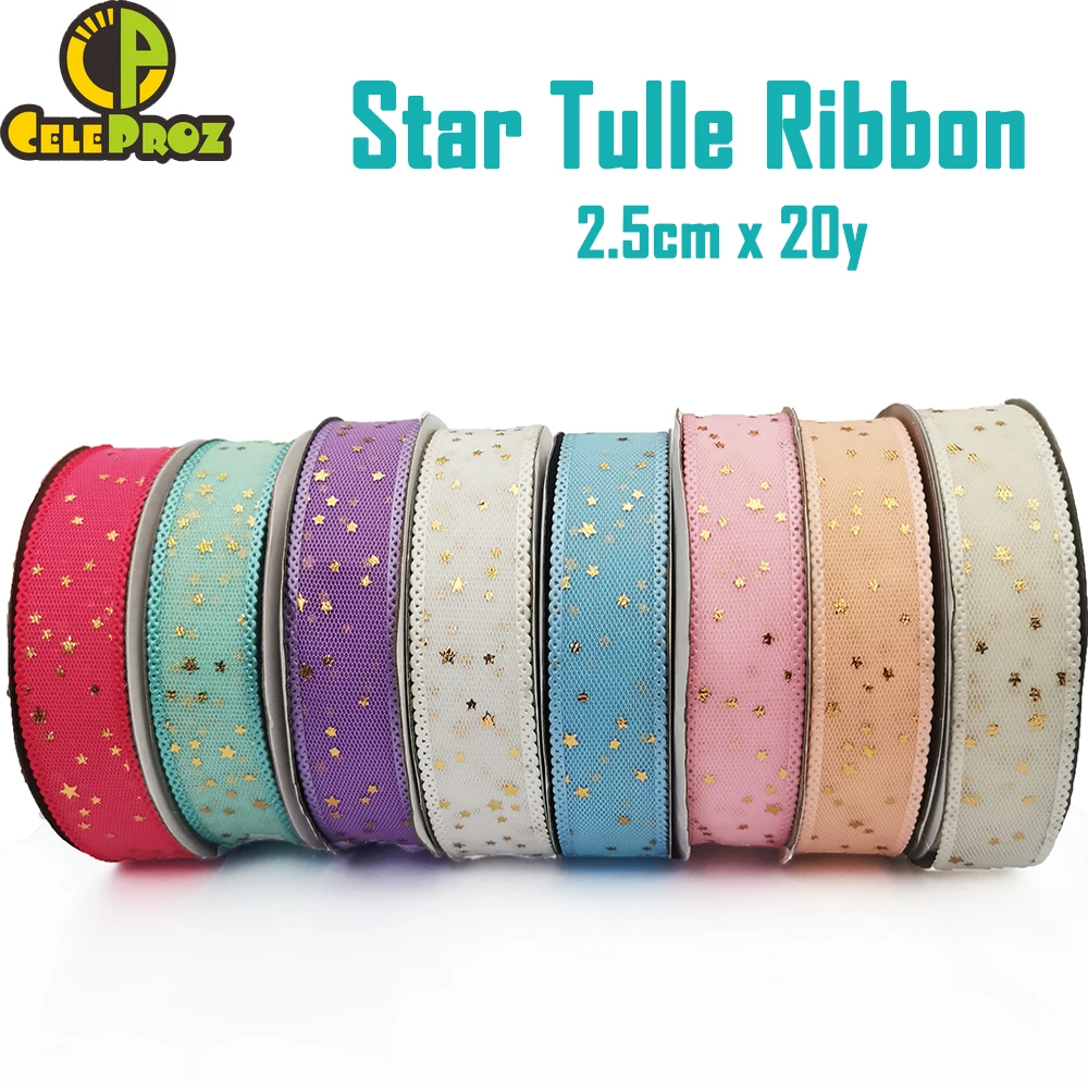 25mm Organza Ribbon Golden Star Stamped Tulle Tape With Sewing Edges 20yards Yarn Film DIY Bowknot Material Baking Giftbox Wrap