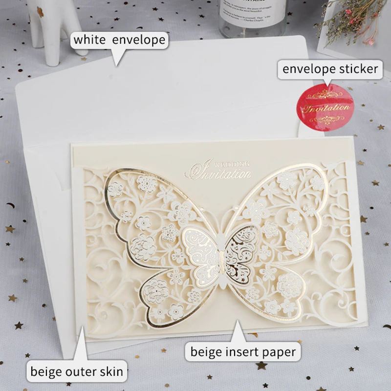 50pcs Butterfly Hollow Laser Cut Wedding Invitation Cards Flora Greeting Cards Personalized Wedding Decoration Party Supplies