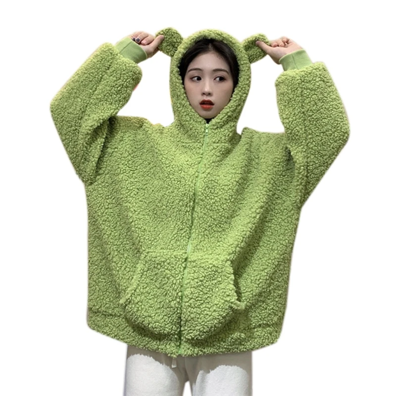 

Women Cute Frog Eyes Zip Up Hoodie Jacket Fuzzy Plush Warm Oversized Loose Coat