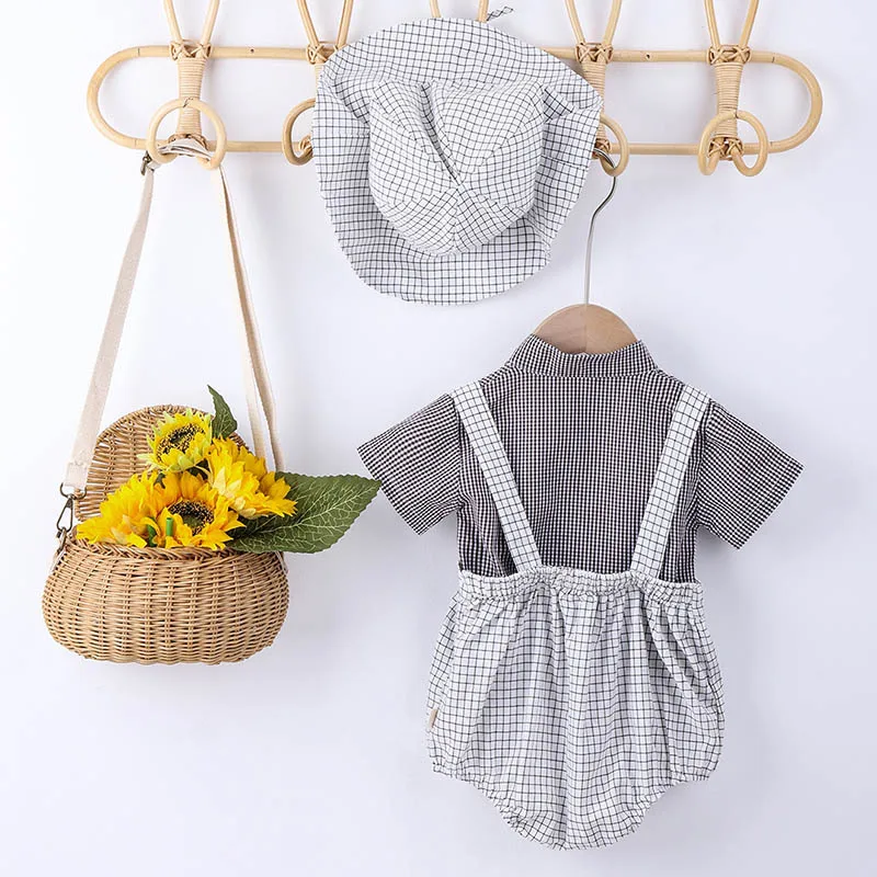 Korean Style Summer 0-24M Newborn Baby Boys Clothes Suit Short Sleeved Shirt+Jumpsuit+Hat Toddler Baby Boys Clothing Set