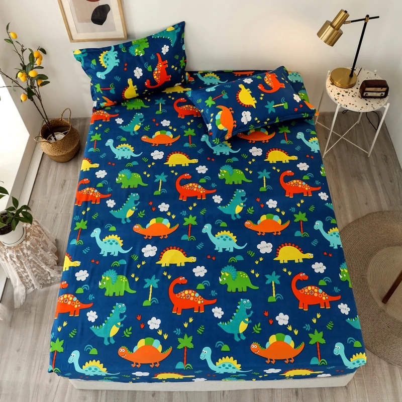Bonenjoy Bed Sheet Cartoon Style Dinosaur Printed Bed Sheets and Pillowcase for Kids draps de lit Sheet on Elastic