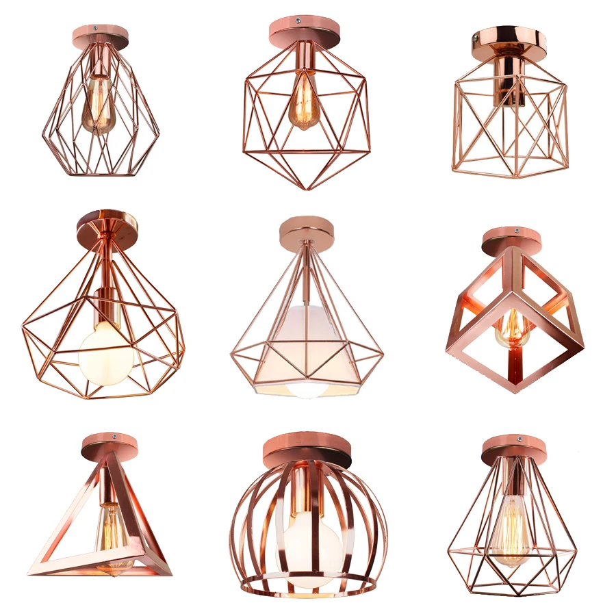 

Nordic Modern Rose Gold Ceiling Lamp Shade Metal Iron Cage Ceiling Lights Kitchen Island Bedroom Aisle Porch E27 Household Light