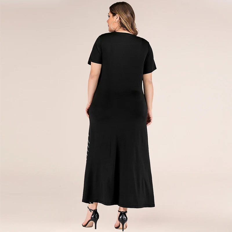 Summer New Women Maxi Dresses Black O Neck Short Sleeve Contrast Color Stripe Patchwork Loose Plus Size Jurken