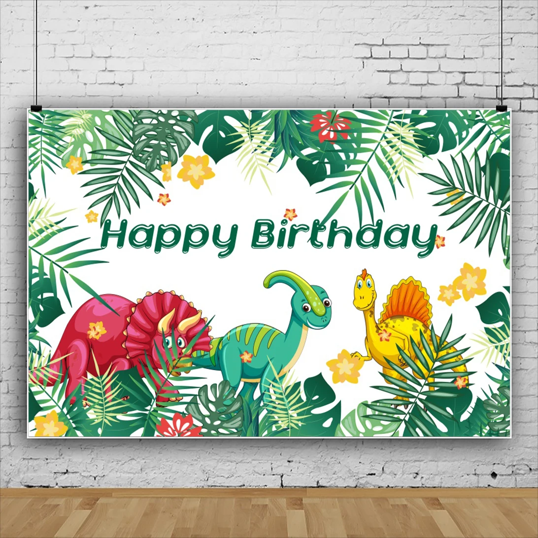 Laeacco Dinosaur Birthday Party Photography Backdrops Tropical Palms Trees Leaves Flower  Jungle Photo Backgrounds Photo Studio