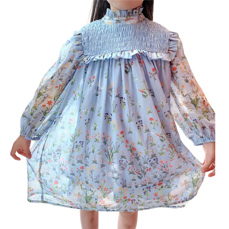 2024 spring summer new princess dress kids girl blue floral print sweet dresses little girls long sleeve elegant dresses