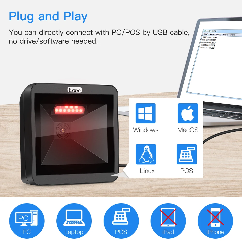 Imagem -05 - Eyoyo Omnidirecional 2d Wired Scanner de Código de Barras Infravermelho Auto-detecção de Digitalização Decodificação Capacidade Hand Grande Desktop Scanner