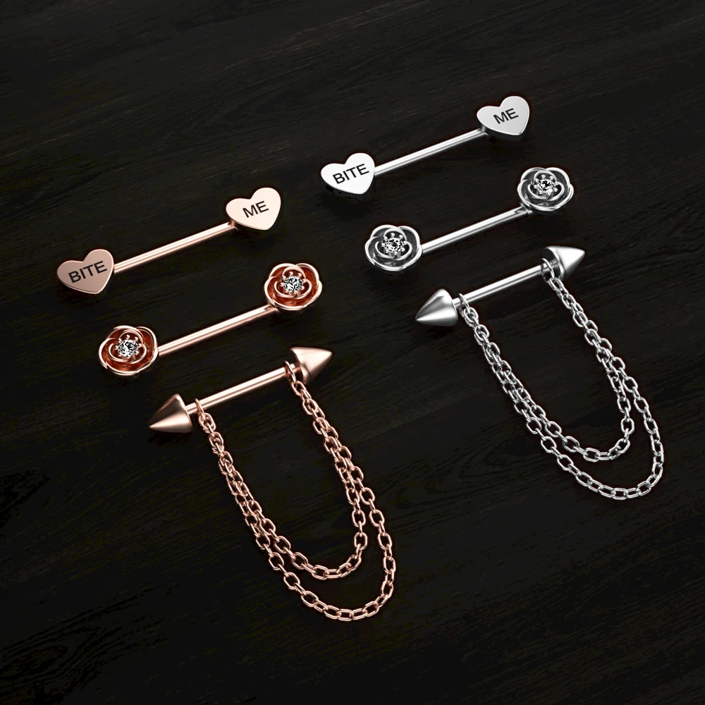 2pcs Butterfly Nipple Piercings Rings 16mm Length Bar Barbell Steel Crystal Nipple Shield Cover Heart Flower Tongue Body Jewelry