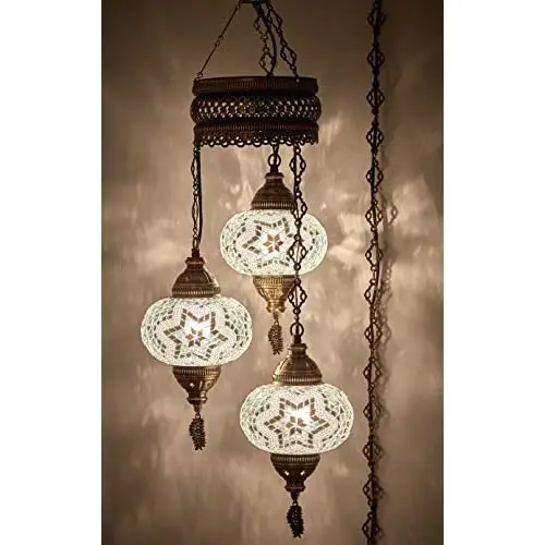 LaModaHome English Moroccan Mosaic Hardwired OR Swag Plug in Chandelier Light Ceiling Hanging Lamp Pendant Fixture, 3 Big Globes