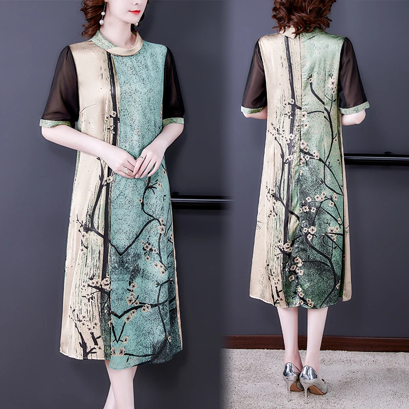 Hoa Vintage Tự Nhiên Lụa Satin Midi Đầm Mùa Hè 2022 Áo Váy In Hình Nữ Ôm Body Dự Tiệc Tối Vestidos