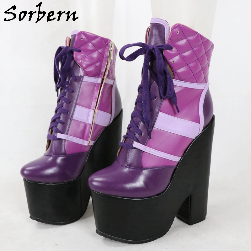 Sorbern Customized Ankle Boots Sneaker Block High Heel Thick Platform Rubber Sole Lace Up Purple Black Unisex Booties New