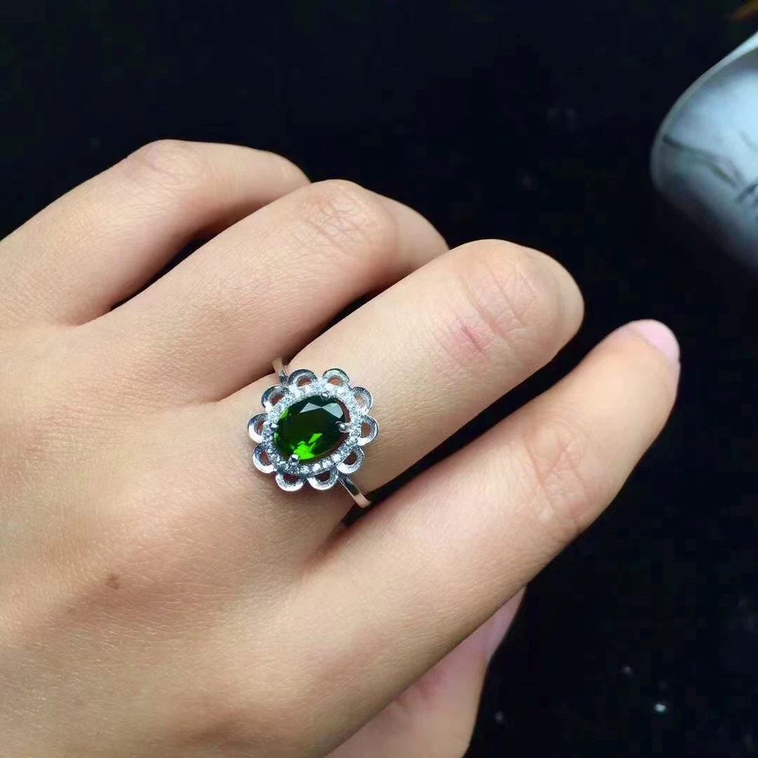 

Natural Chrome Diopside Ring for Engagement 6mm*8mm Diopside Silver Ring Sterling Silver Diopside Jewelry 925 Silver Gemstone