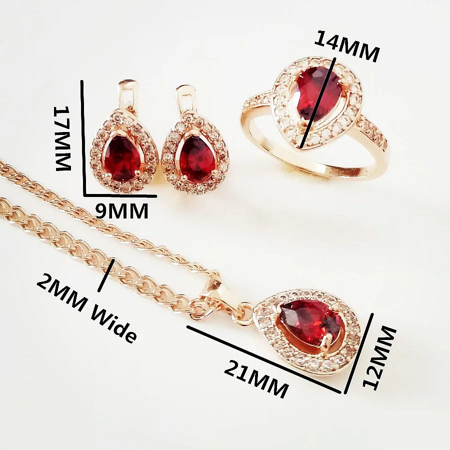 Luxury Women Jewelry Sets Rose 585 Gold Color Red Stone Heart Shape New Fashion Jewelry Sets Designs for Lady