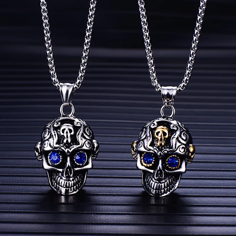 Sugar Skull Pendant Necklace Gothic Skeleton Pendants with Blue Eyes Halloween Skeleton Necklaces Jewelry For Men