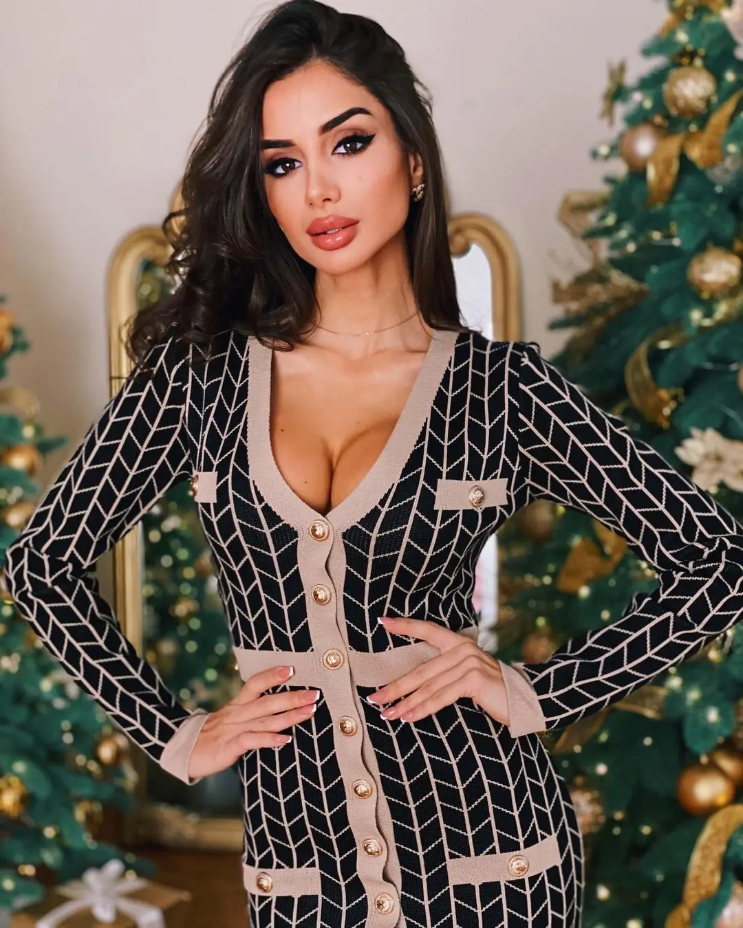 Vintage Ladies Long Sweater Dress Elegant Plaid Long Sleeve Knitted Dresses Bodycon Slit Sexy Nightclub Party Dress For Women