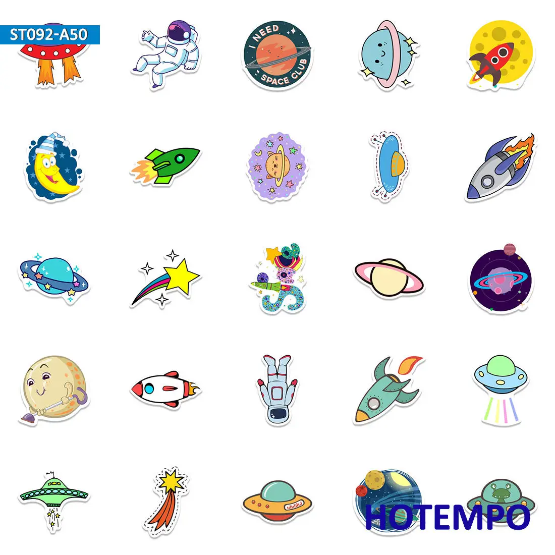 50Pieces Outer Space Alien Astronaut UFO Rocket Ship Planet Cartoon Stickers for Scrapbook Luggage Cup Phone Laptop Sticker Toys