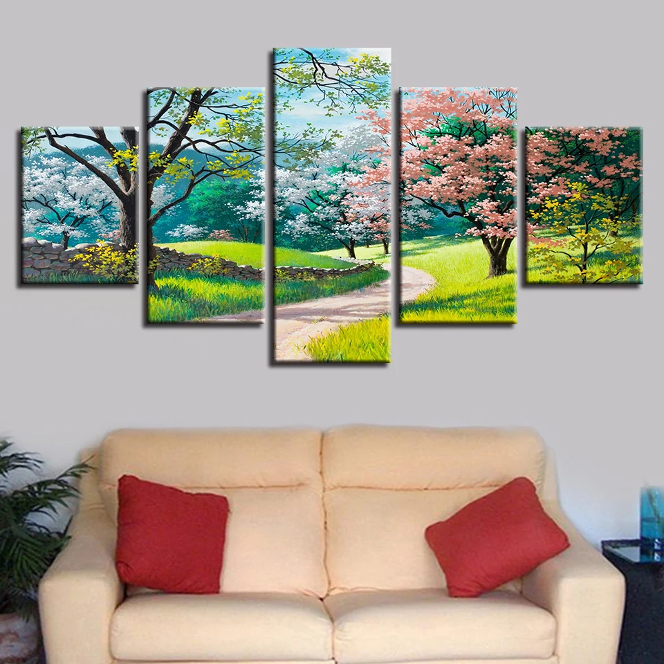 HD Prints Wall Modular Canvas Painting Green Trees Flowers Grass Path, Spring, Natural Scenery Picture, Poster, Art Decor, 5 Pcs