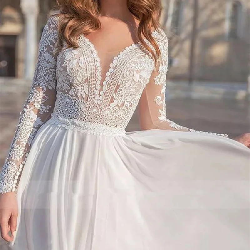 Abito da sposa con scollo a V a maniche lunghe con bottoni a trapezio in chiffon con applicazioni di pizzo Elegante abito da sposa civile Abiti da Noiva personalizzati