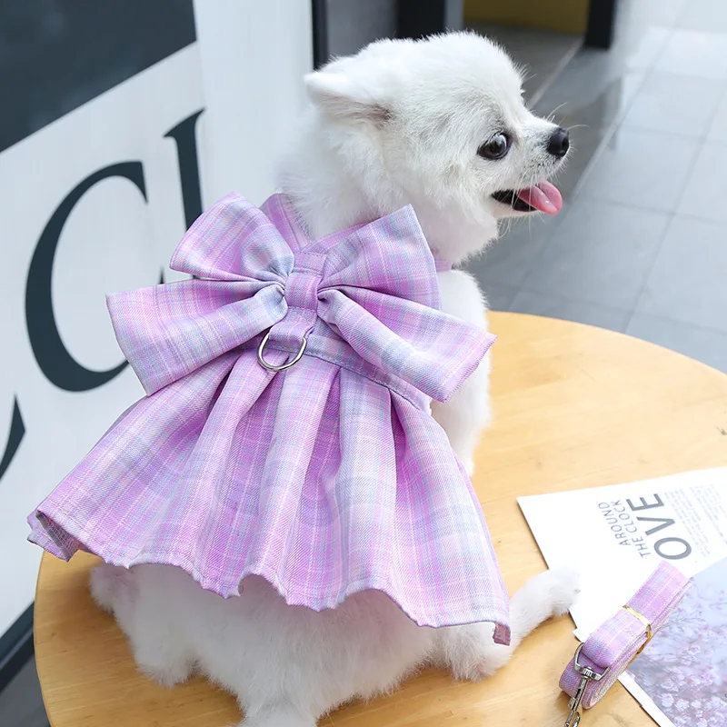 Gitter Hund Kleid Harness Und Leine Set Schöne Pet Hund Kleidung Für Kleine Hunde Chihuahua Rock Französisch Bulldog Welpen Kleid kragen – Detail 38