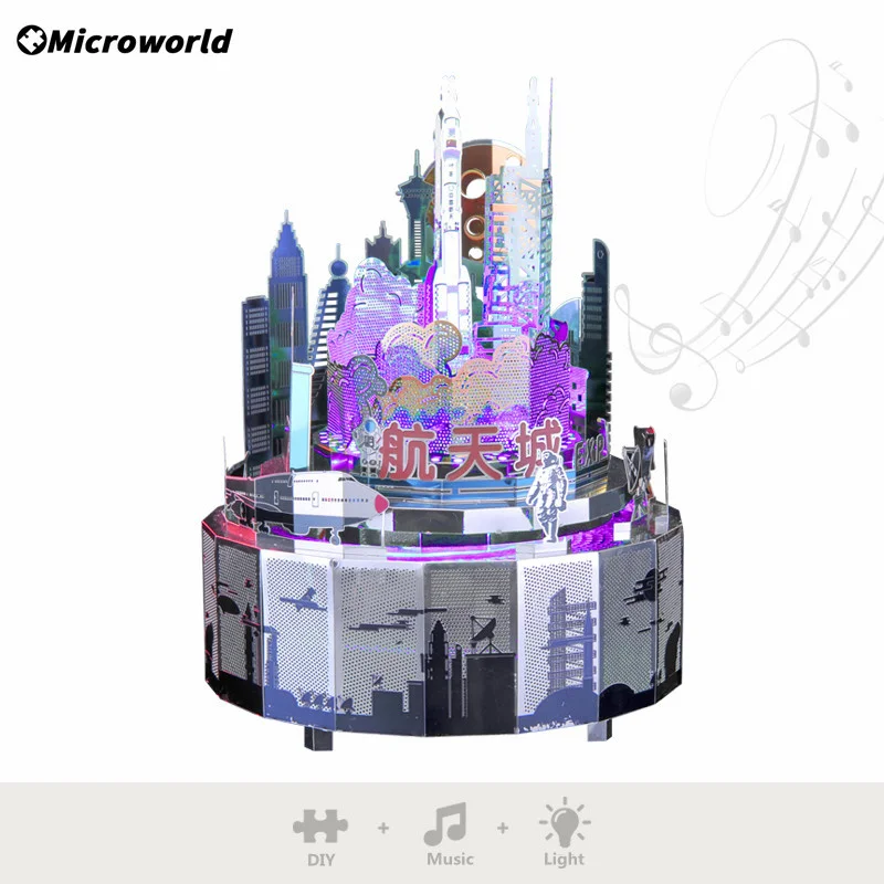 Microworld 3D Metal Puzzle Games Rotating Music Box Aerospace City Building Theme Models Kits Jigsaw Toys Gifts For Girl Adult