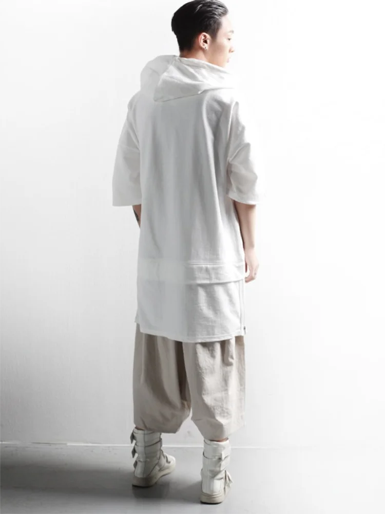 Men's Short Sleeve Hooded T-Shirt Summer New Personality Spliced Zipper Long Casual Pure Color Loose Large Size T-Shirt