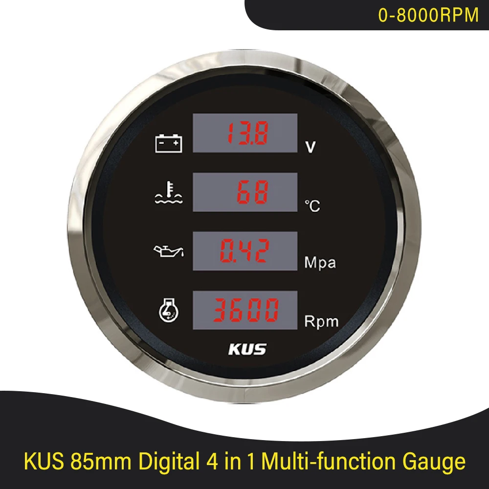 

KUS 85mm Digital 4 in 1 Multi-function 8000RPM Tachometer Water Temp Oil Pressure 0-1Mpa Voltmeter Red Backlight 9-32V