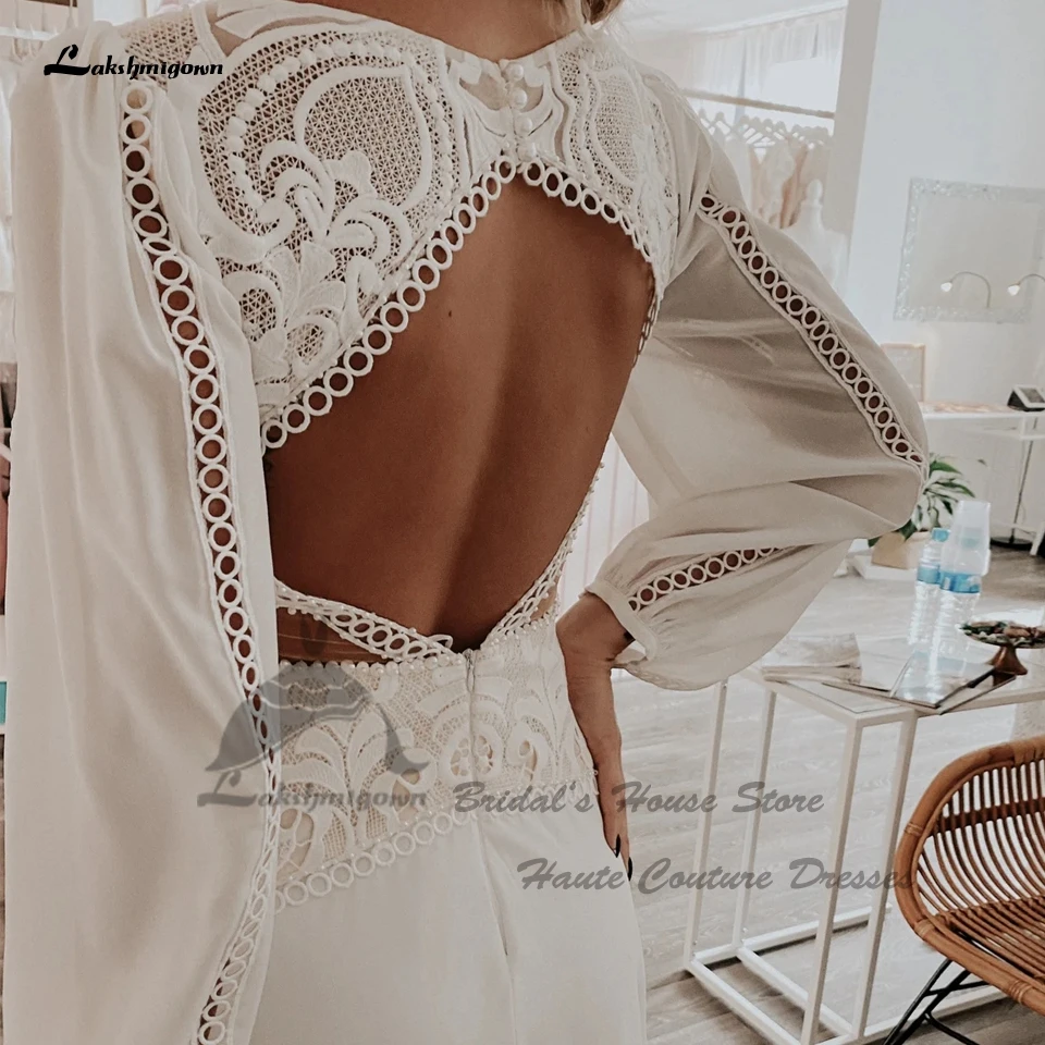 Lakshmigown Sexy Bridal Little Mermaid Boho Wedding Dress 2022 Robe Mariee Boheme Puffy Long Sleeve Chiffon Beach Wedding Gowns