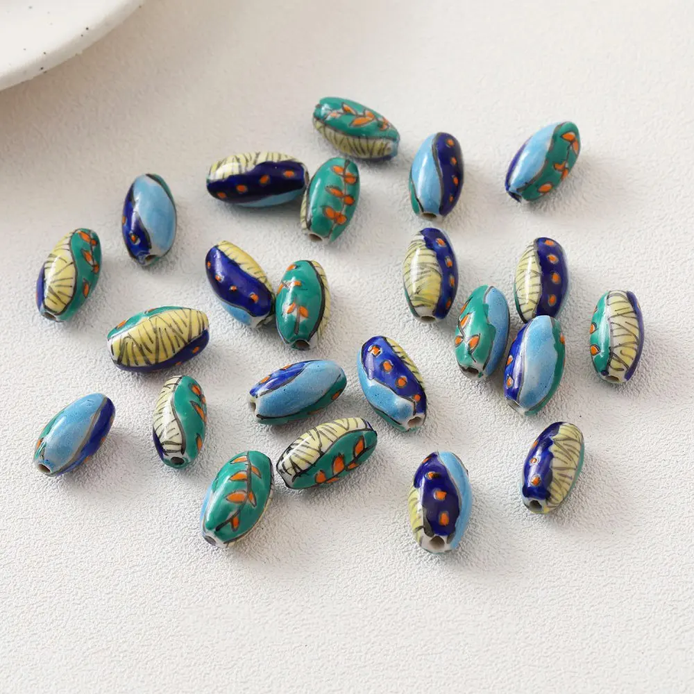 4PCS Oval Retro Hand Painted Ceramic Beads Loose Bead Septal for Jewelry Making Necklace Bracelet Diy Earrings Accessories