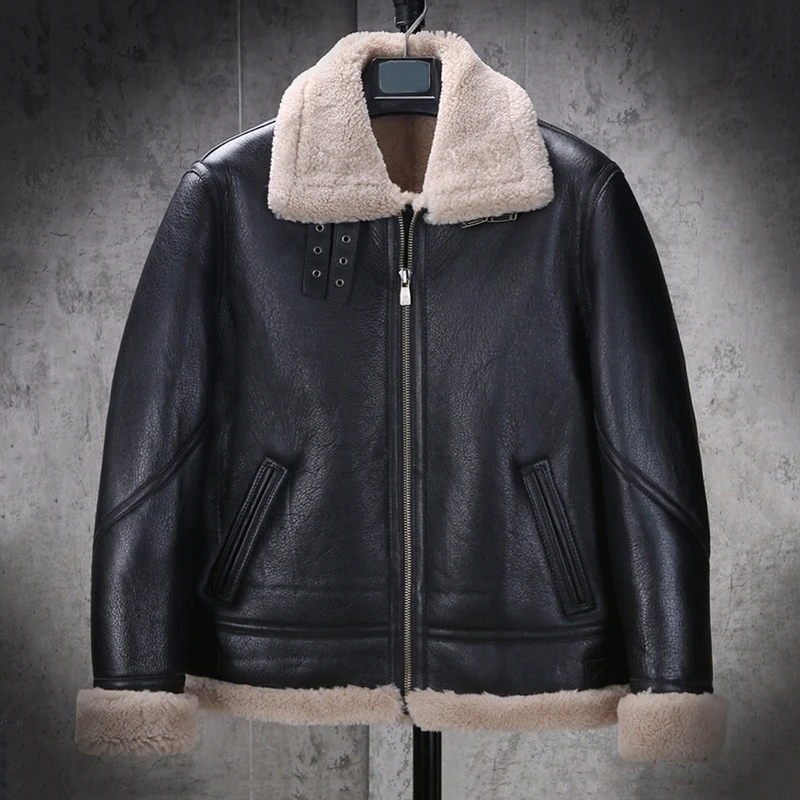 

New Mens B3 Shearling Coat Black Leather Jacket Short Motorcycle Jacket Thicken Fur Coat Sheepskin Coat