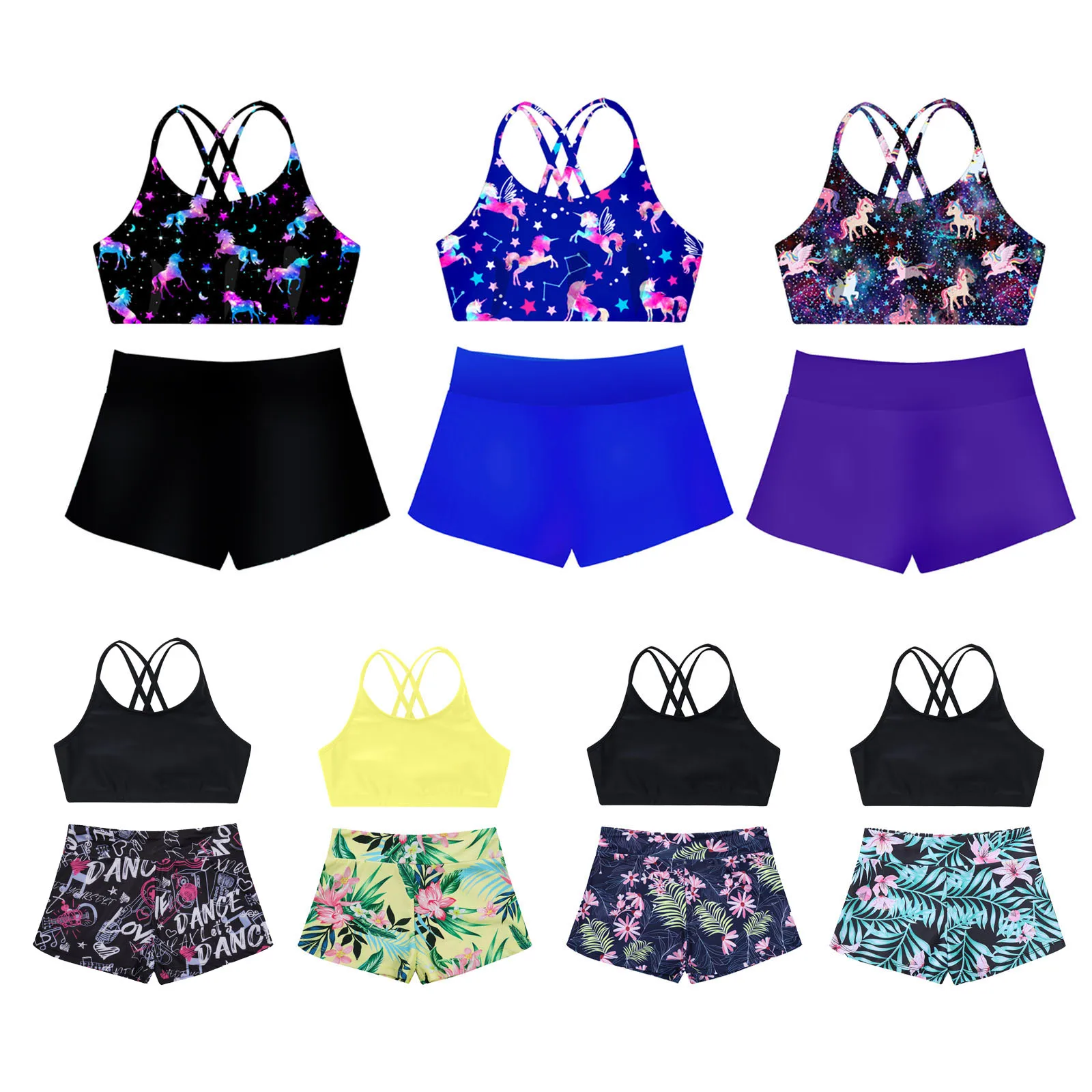 

Kids Girls Swimwear Sport Suit 2024 Spaghetti Straps Tankini Crop Top+Print Shorts Set for Yoga Gymnastics Ballet Dance Costume