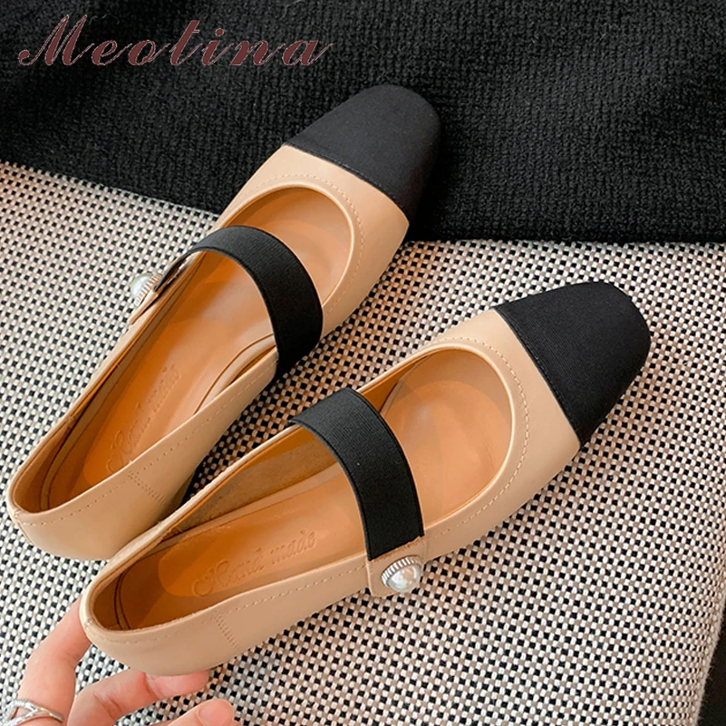 Meotina Women Mary Janes Shoes Genuine Leather Flat Shoes Square Toe Hook Ladies Footwear 2022 Spring Beige Apricot Cow Leather