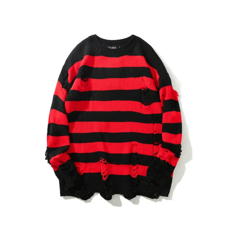 

Black Striped Sweater destroyed ripped sweater men's hip hop retro couple Harajuku long sleeve knitted jacket