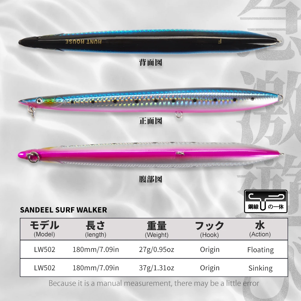 Hunthouse Pencil Fishing Lures Sandeel Surf Walker Lure 180mm 37g Sinking Long Casting Hard Bait Sea Fishing Stick Baits