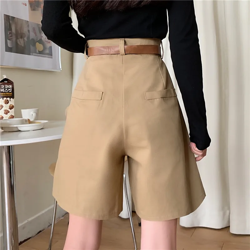 Pantalones cortos de algodón con cremallera para mujer, Shorts negros, coreanos, informales, de cintura alta, con bolsillos, combinan con todo,