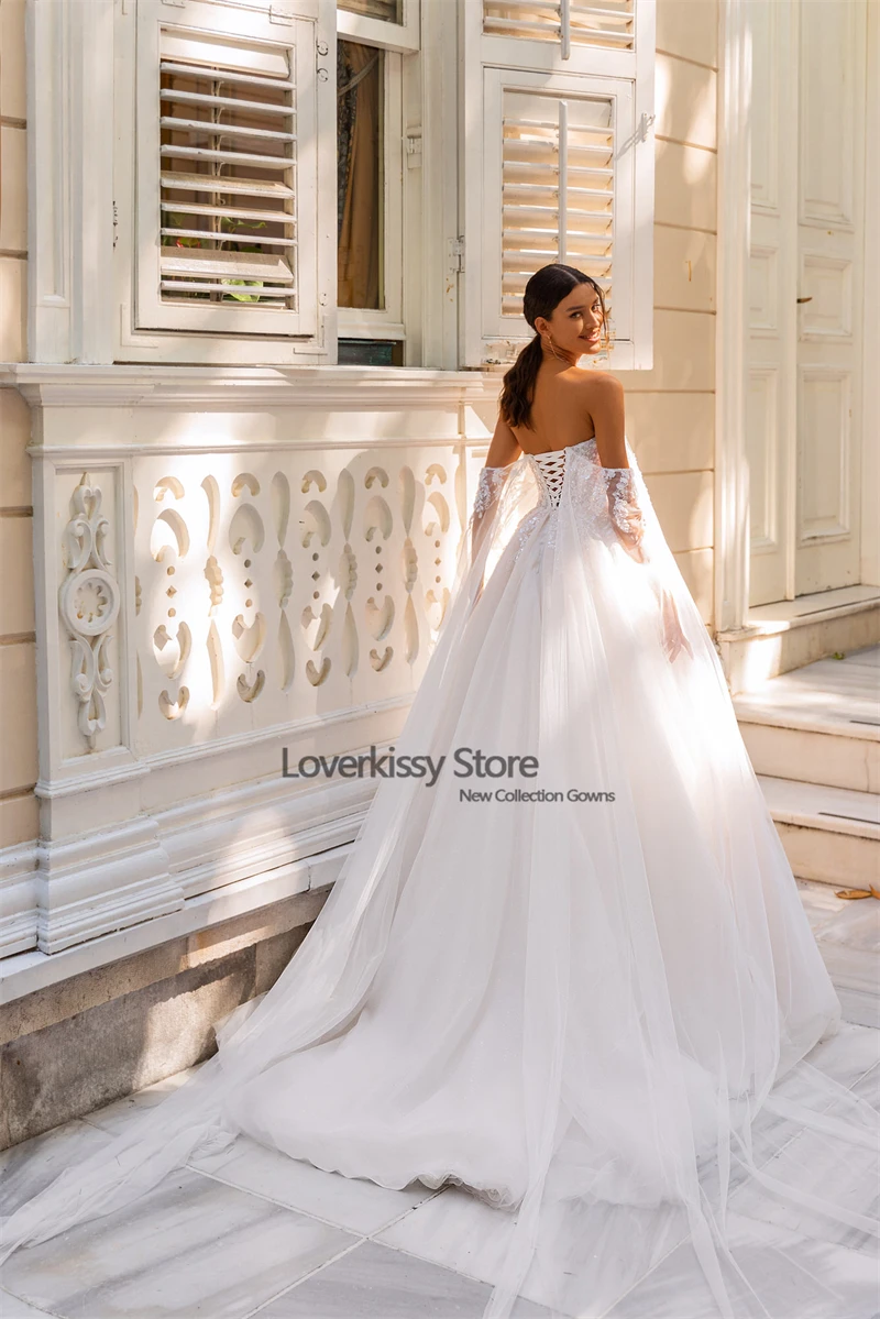 Loverkissy puffy tule rendas apliques vestidos de casamento sem alças fora do ombro catedral rendas-up vestidos de baile para brida alta qualidade