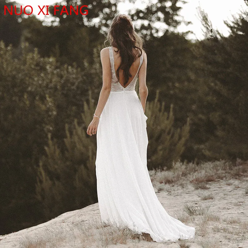 NUOXIFANG-Robe de mariée en mousseline de soie avec col en V, haut en dentelle, jupe A-Line, robe de mariée blanche à dos ouvert, robe de mariée Boho, robe de plage, livraison gratuite