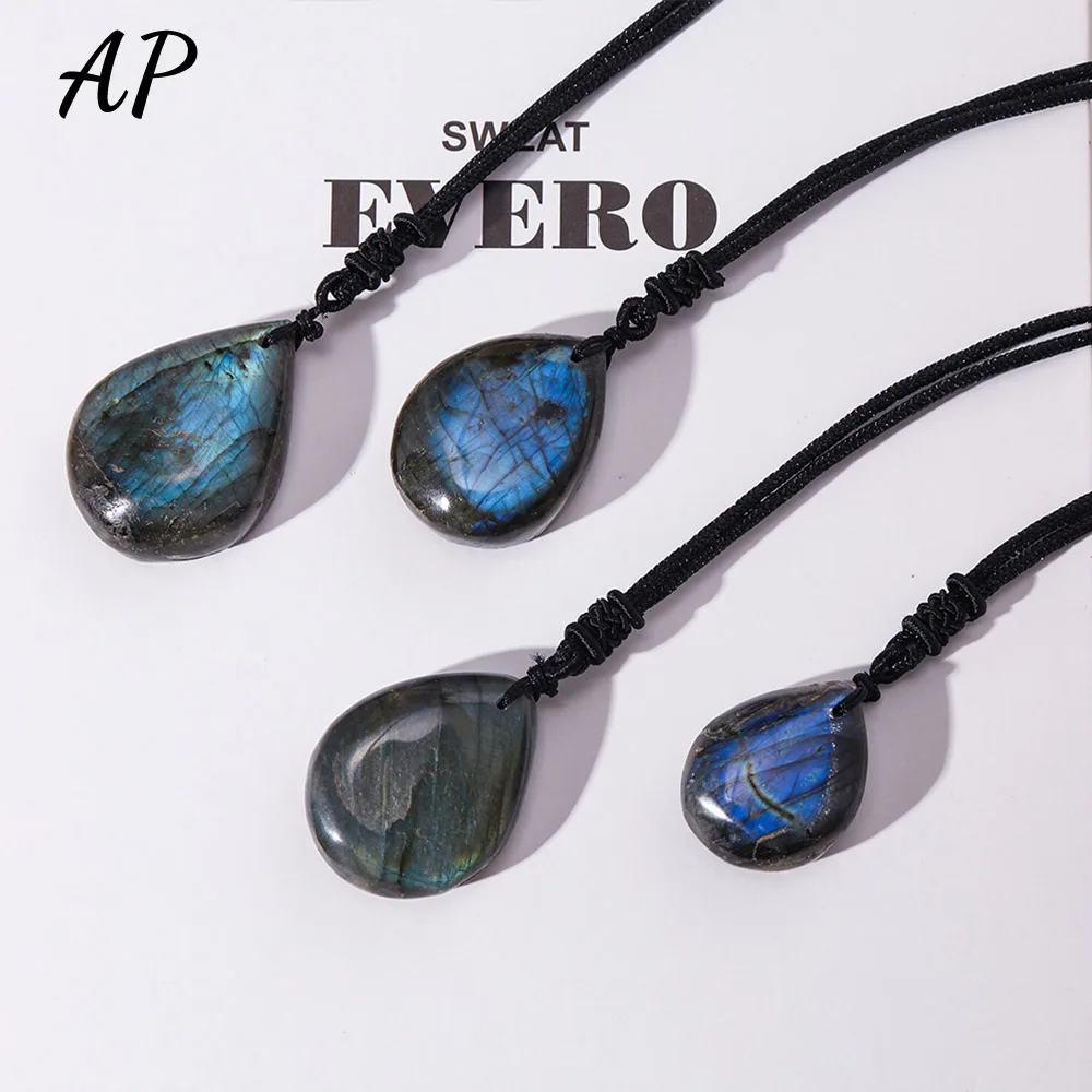 1Pc Natural Labradorite Flowing Light Elongated Stone Drop Shape Pendant Water drop Reiky Gem Necklace Jewelry