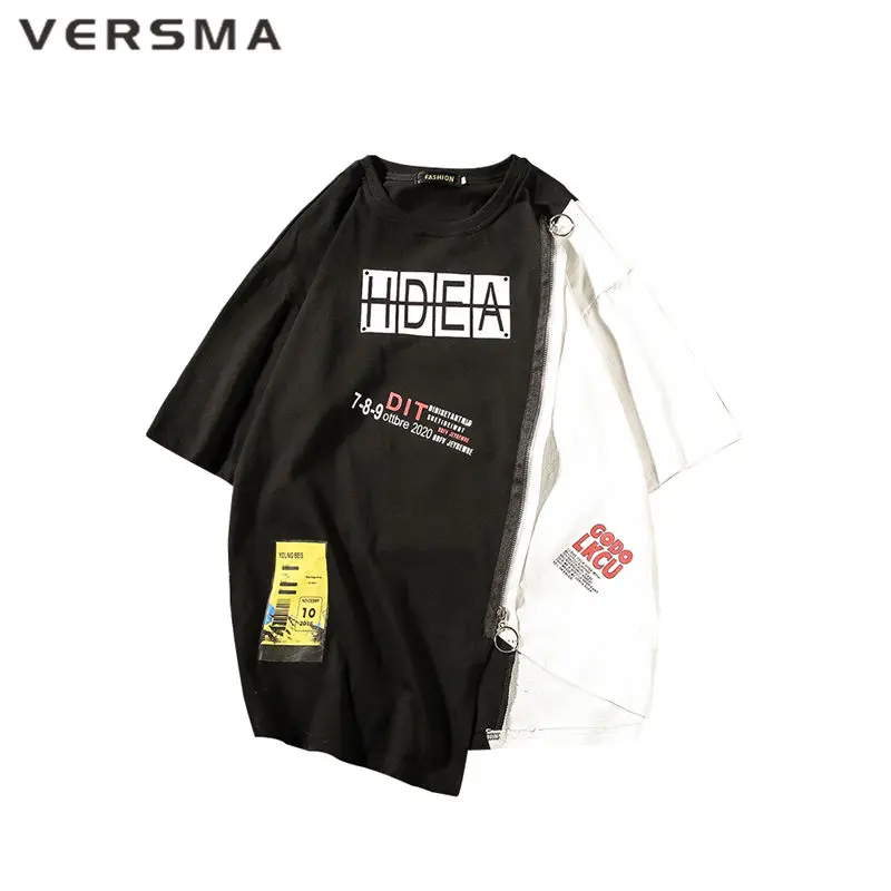 

VERSMA Korean Harajuku Zipper Patchwork 100% Cotton T-shirts Men High Street Hip Hop Oversize Tops Tees Men Tshirts Dropshipping