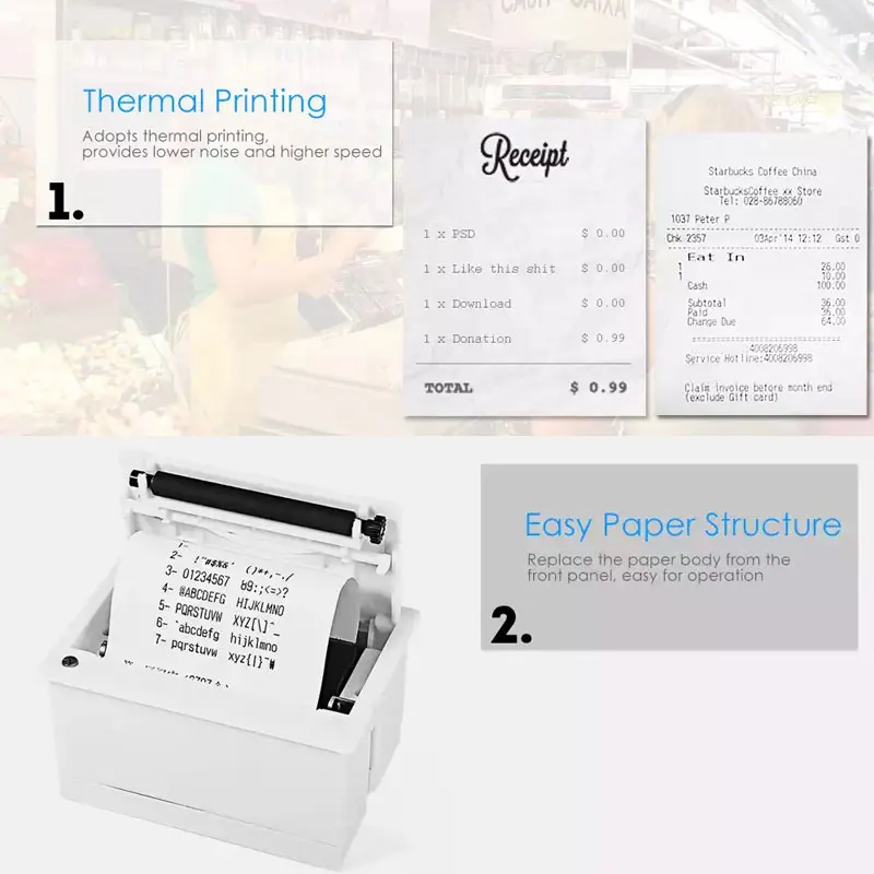 204 mini embedded printer thermal ESC POS receipt parallel  panel printer USB TTL RS232 Kiosk Printer 58mm Barcode Arduino