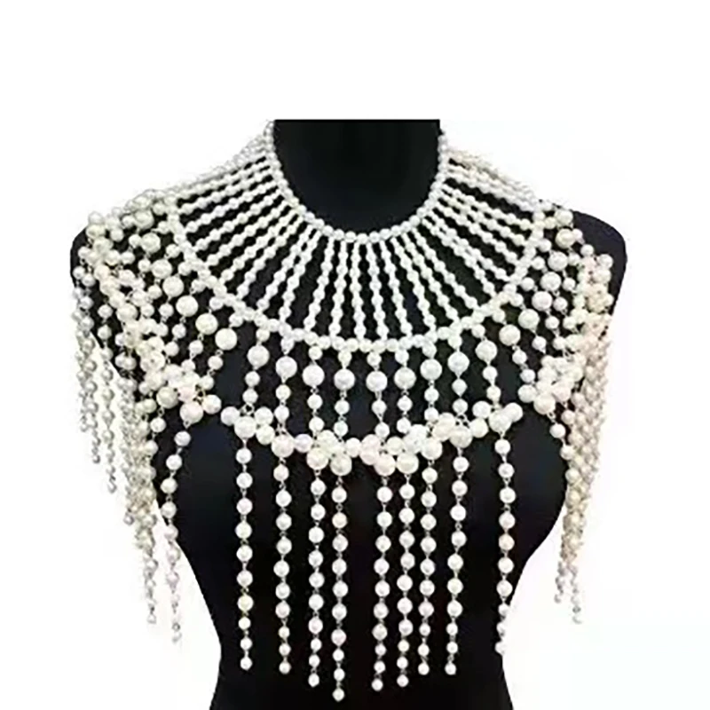 Fashion exaggeration pearl shoulder chain shawl long necklace multi-layer pearl dress beads crystal body chain jewelry for women