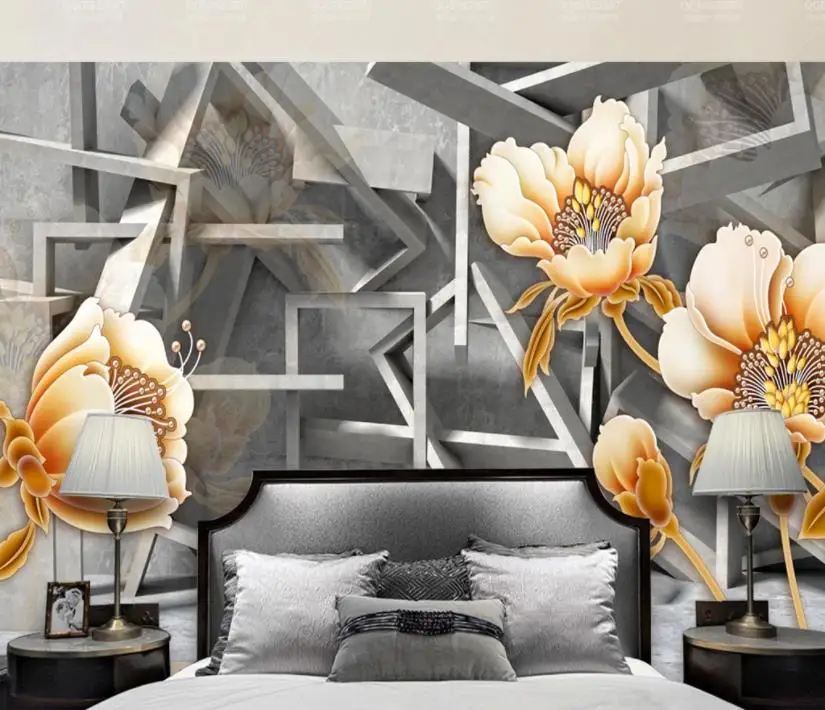 

Custom 3D photo wallpaper Geometric background color carved peony wallpapers for living room TV backdrop high quality