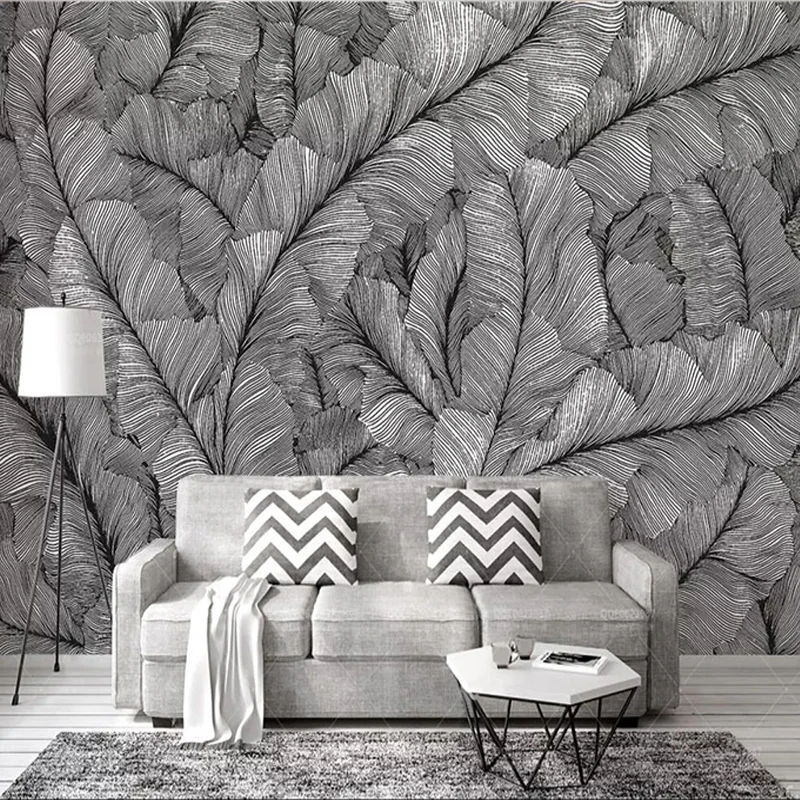 Custom 3D Wall Murals Modern Simple Black And White Line Fashion Feather Photo Wallpaper Self-Adhesive Waterproof Sticker Poster