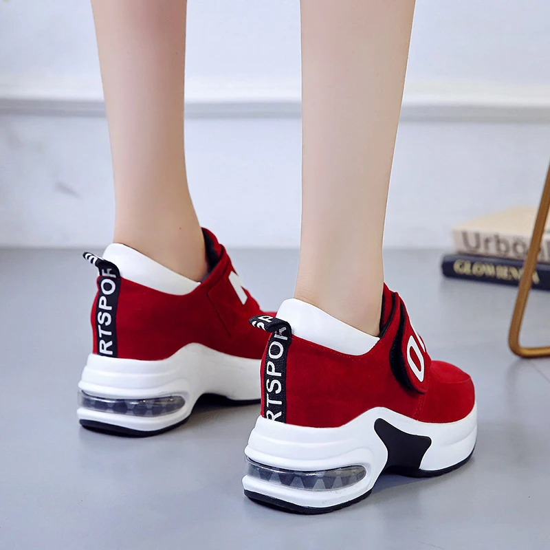 Women High Heel Leisure Platform Sneakers Black Red Lady Breathable Height Increasing Running Shoes Slip on Wedges Trainers