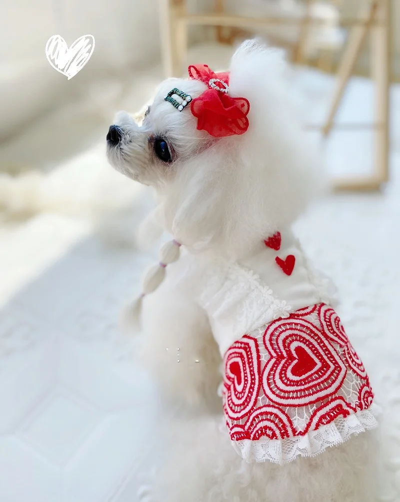 

Handmade Dog Clothes Pet Dress Cat Outwear 100%Cotton Lace Shirt Lady Princess Cute Red Sweet Heart Skirt Fashion Unique Design